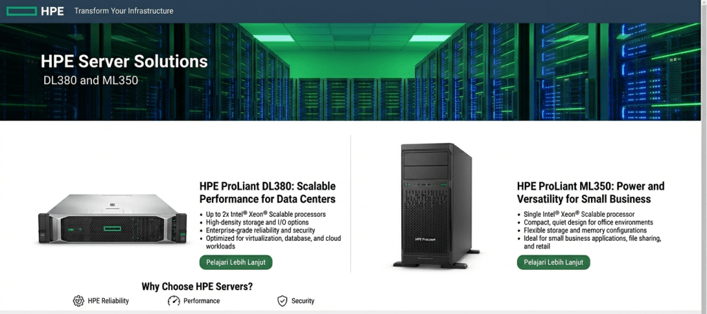 Perbandingan server rack HPE ProLiant DL380 dan server tower HPE ProLiant ML350